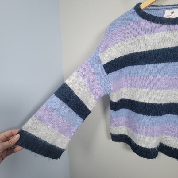 Sundry Sweater Womens S Striped Fuzzy Knit Cropped Pullover Soft Lilac Blue - Picture 3 of 11
